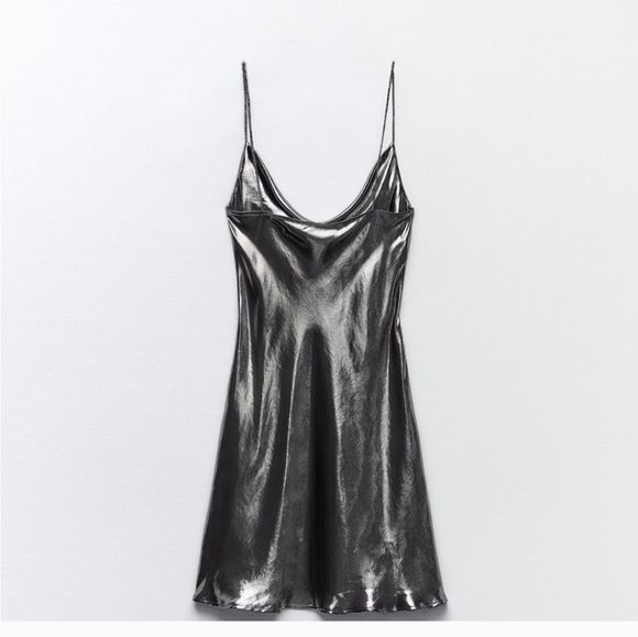ZARA Metallic Liquid Silver Cowl Neck Slip Mini Dress –Size XS - Picture 4 of 13
